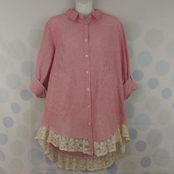 Umgee Country Striped Lace Trim Pockets Tunic - Picture 3 of 8
